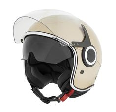 a white helmet with an eye on the side and a visor around it's face