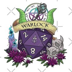 an image of a purple dice with the word warlock on it and some flowers