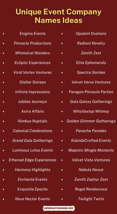 the unique event company name ideas list is shown on a red background with black and white lettering