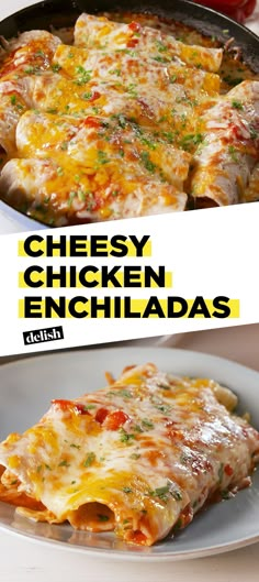 cheesy chicken enchiladas in a skillet on a white plate