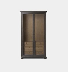 a tall wooden cabinet with drawers on the bottom and doors open to reveal it's contents