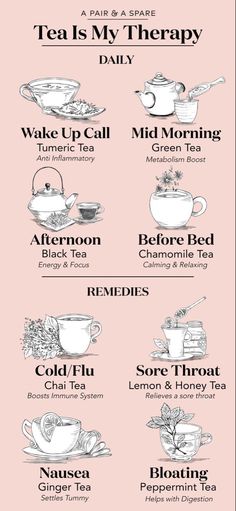 a menu for tea is shown in black and white on a pink background with the words'tea is my therapy daily '