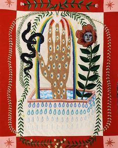 an embroidered wall hanging depicting a cactus and other plants on a red background with white stars