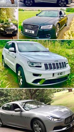 four different types of cars parked in front of each other on the grass and trees