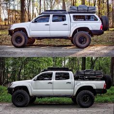 there are two pictures of a white truck in the woods and one is off road