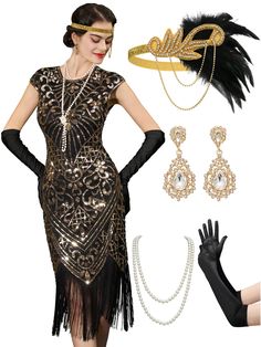 PRICES MAY VARY. Roaring 20s Costumes for Women: 1x sequin 1920s dresses for women, 1 x flapper feather headband, 1 x vintage earrings, 1 x faux pearl necklace,1 x long costume flapper gloves, 1 x plastic holder rod Material: This flapper dresses 1920s gatsby dresses for women is crafted from polyester and soft mesh fabric, embellished with fringes, beads and sequins, comfortable and fancy Elegant Design with Roaring 20s Outfits: The Gatsby-inspired 1920s cocktail dress features a round neck and 1920 Style Dresses, Roaring 20s Costumes, 20s Accessories, Plus Size Flapper Dress, 1960s Accessories, Roaring 20s Dresses, 20s Costume, Gatsby Dresses, Great Gatsby Dress