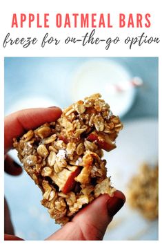 a hand holding an apple oatmeal bar with the words healthy simple whole grain baked