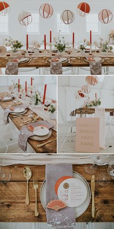 the table is set with paper lanterns and place settings