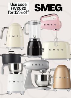 an advertisement for smeg appliances with different colors