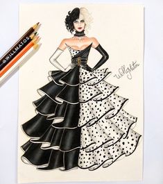 a drawing of a woman in a black and white dress