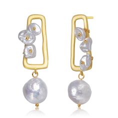 Classy .925 Sterling silver gold plated with freshwater round pearl earrings. These earrings feature interesting rectangle shape with three small freshwater pearls set on the inside and one large drop freshwater pearl. Crafted in .925 Sterling silver with gold plating and it secures with butterfly closure. This item will always add unique touch to any outfit. Makes a great gift as well. Wipe to clean product should not come in contact with water Round Pearl Earrings, Pearl Drop Earrings Gold, Freshwater Pearl Drop Earrings, Sterling Silver Drop Earrings, Pearl Cluster, Pearl Set, Silver Drop Earrings, Pearl Drop Earrings, Gold Pearl