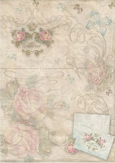 an old fashioned paper with roses and scrolls on the edges, in pastel tones