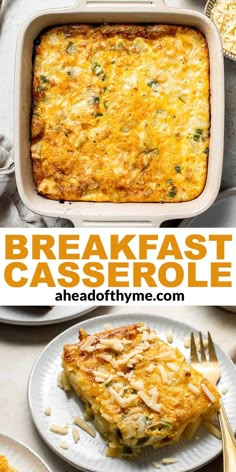 breakfast casserole with broccoli and cheese in a baking dish on a plate