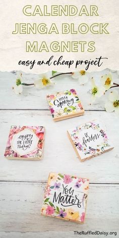 four coasters with the words calendar and flowers on them, sitting on a white wooden surface