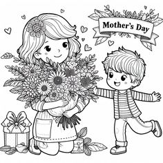 a mother's day coloring page with a boy giving flowers to her