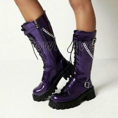 Find ideas๏ฟฝand inspiration for Womens Purple Mid Calf Boots Platform Buckle Lace Up Gothic Motorcycle Creeper, Women's shoes Knee High Riding Boots, Oxford Shoes Style, Purple Boots, Creepers Shoes, Gothic Shoes, Womens Riding Boots, Black Shoes Women, Knee High Leather Boots, Women Oxford Shoes