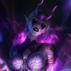 a woman with purple hair and demon makeup holding a knife in her hand, surrounded by other demonic creatures