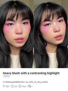 Contrast Eye Makeup, Aura Blush Makeup, Bold Blush Makeup Looks, Heavy Blush Makeup Aesthetic, Bold Blush Makeup, Blush Heavy Makeup, High Blush Makeup, Blush Eyeshadow Looks, Heavy Blush Makeup