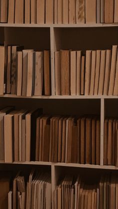 a book shelf filled with lots of books on top of wooden shelves next to each other