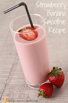 strawberry oatmeal smoothie in a glass with strawberries