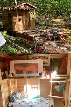 there is a small wooden cabin in the woods and it's made out of wood