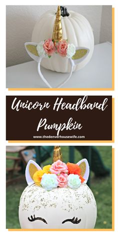 the unicorn headband pumpkin is decorated with flowers