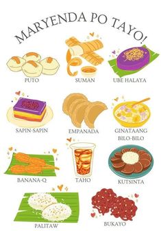 many different types of food are shown in this graphic art print on white paper with the words