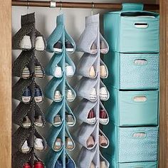 an organized closet with shoes and other items