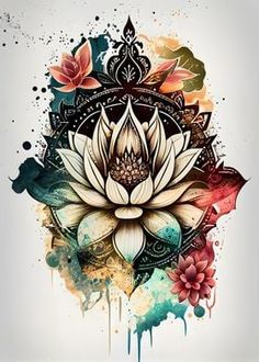 a lotus flower with watercolor splashs on the side and an artistic design in the middle