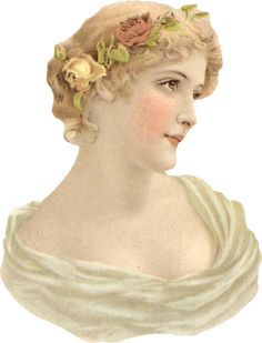 an old fashion portrait of a woman with flowers in her hair, wearing a white dress