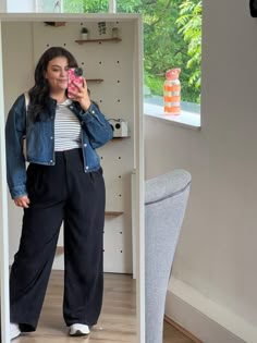 casual outfit, wide leg trousers, black trousers, uniqlo bra top, stripe top, collarless denim jacket, workwear outfit inspo, midize outfit inspiration, midsize ootd, midsize fashion, easy outfit Midsize Office Outfit Summer, Uniqlo Fits, Black Trouser Outfit, Ootd Midsize, Midsize Ootd, Black Trousers Outfit, Outfit Wide Leg, Wide Leg Trousers Black, Wide Leg Trousers Outfit