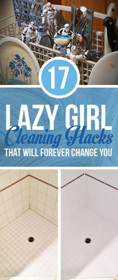 several pictures of various cleaning hacks in a bathroom