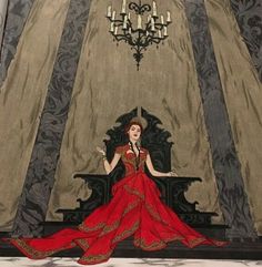 a painting of a woman in a red dress sitting on a throne with chandelier