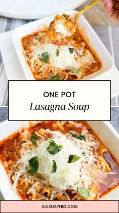 one pot lasagna soup in a white square dish