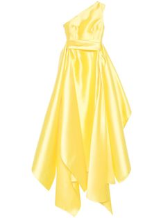 lemon yellow satin finish concealed side hook and zip fastening one-shoulder sleeveless dart detailing fitted waistline draped detailing sash detail rear slit full lining straight hem full-length Gown Yellow, Solace London, London Dress, Yellow Satin, One Shoulder Gown, Drape Sleeves, Wardrobe Edit, London Dresses, Exclusive Fashion