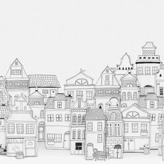 a black and white drawing of many houses