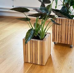 two wooden planters sitting on top of a hard wood floor next to each other