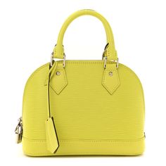 This is an authentic LOUIS VUITTON Epi Alma BB in Yellow Citron. This is a chic bag created of Louis Vuitton signature textured epi leather in vibrant yellow-green. The handbag features cowhide rolled leather top handles, and polished silver hardware. The bag opens to a yellow-green microfiber interior with a patch pocket. Alma Bb, Oversized Bag, Versace Bags, Dior Jewelry, Chic Bags, Wallet Fashion, Pumps Flat, Hobo Handbags, Pump Sandals