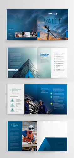 three different brochures with blue and white designs