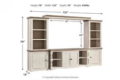 a white entertainment center with two doors and shelves on the side, measurements for each cabinet