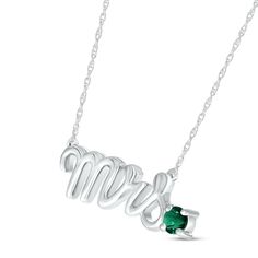 Mark a bride's change of status with this charming necklace featuring "Mrs." spelled out in elegant sterling silver letters. A lab-created emerald perfectly punctuates the word art, adding a pop of color and making it a delightful piece to highlight the wedding colors or unique sense of style of the wife-to-be. The pendant rests amidst an 18-inch rope chain that secures with a spring ring clasp. Mrs Necklace, Wife To Be, Lab Created Emerald, Necklace Sterling Silver, Rope Chain, Word Art, Spring Rings, Wedding Colors, Color Pop