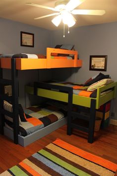 the bunk bed is made from wood and has two sets of mattresses