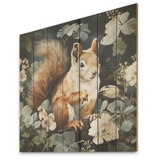 a painting of a squirrel sitting on top of a flower covered wooden paneled wall