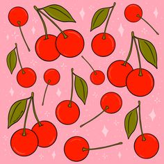 a pink background with cherries and green leaves on the top one is drawn in red