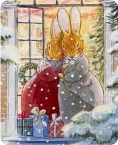 two rabbits are kissing in front of a christmas tree with presents on the ground and snow falling all around them