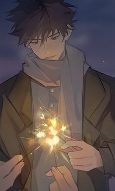 an anime character holding a sparkler in his hands