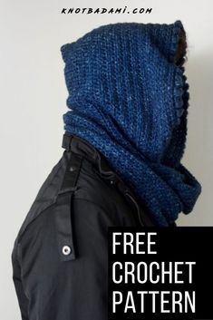 a person wearing a blue scarf with the text free crochet pattern on it