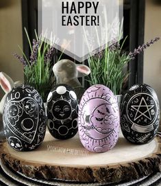 an image of easter eggs with the words happy easter written on them in black and white