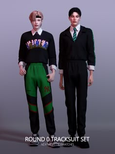 two young men dressed in black and green outfits, standing next to each other with their hands on their hips