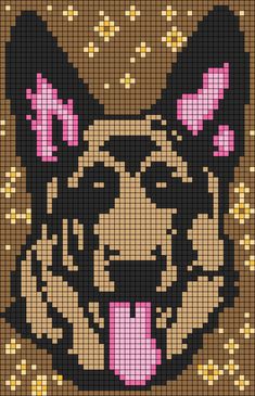 a cross stitch pattern of a dog's face with its tongue out and eyes wide open